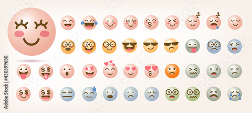 Fototapeta Naklejka Na Ścianę i Meble -  Round abstract comic Faces with various Emotions. Social Media Pastel Icons Set. Cute Cartoon style. Trendy Vector illustration EPS10.