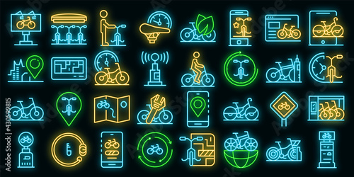 Rent a bike icons set. Outline set of rent a bike vector icons neon color on black