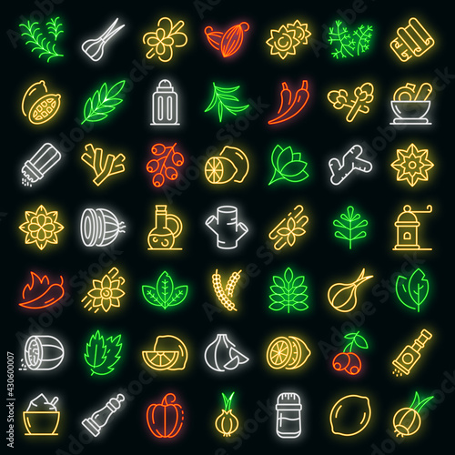 Condiment icons set. Outline set of condiment vector icons neon color on black