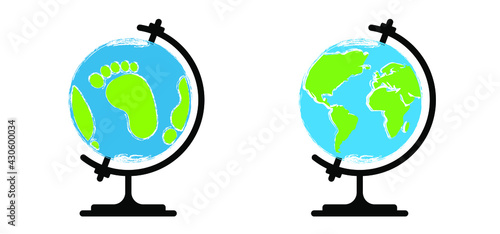 Ecological eco footprint on globe and Globe worldwide view map. Vector School globus icon. 