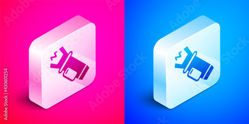 Isometric Police electric shocker icon isolated on pink and blue background. Shocker for protection. Taser is an electric weapon. Silver square button. Vector