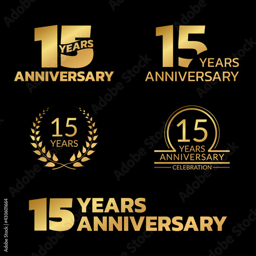15 years anniversary icon or logo set. 15th birthday celebration badge or label for invitation card, jubilee design. Vector illustration.