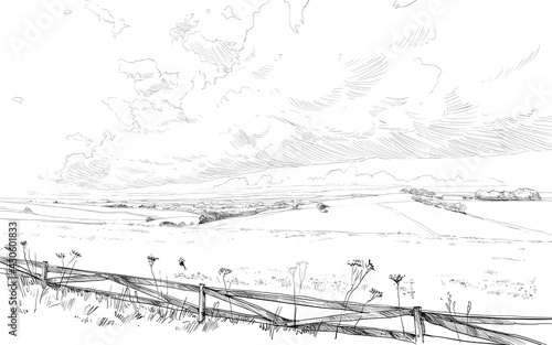 Rural landscape hand drawn vector illustration. Beautiful view of fields. Eco concept product backgrounds.