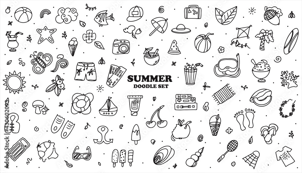 A Big vector doodle summer set. Hand draw accessories for beach holidays by the sea. Flat design Illustration for ads, web, flyers, and banners. Set of drawn by hand icons. Summer fruits, food A Big vector doodle summer set. Hand draw accessories for beach holidays by the sea. Flat design Illustration for ads, web, flyers, and banners. Set of drawn by hand icons. Summer fruits, food