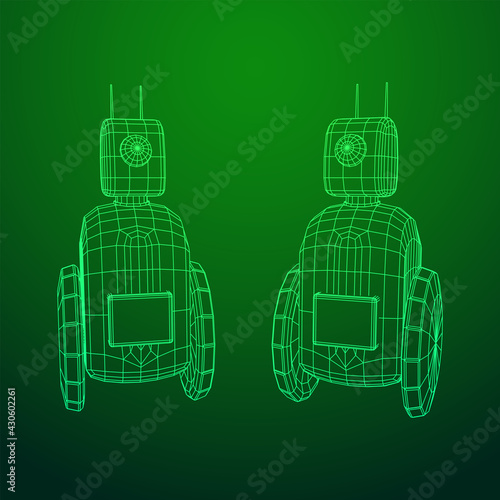 Robot Promoter LCD Screen on two wheels. Ad promo bot. Wireframe low poly mesh vector illustration