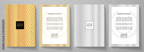 Modern cover design set. Abstract creative line pattern (triangle geometric ornament) in premium gold, silver colors. Formal vector layout for business background, brochure template, certificate