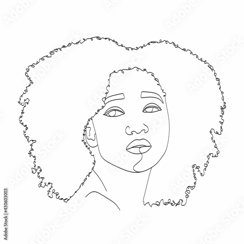 Line Art Woman Face Drawing. Black Woman Vector. Afro American Female Logo. Contouring Line. Minimalist Face. Beauty salon