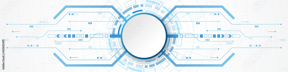 Abstract Technology Background, white circle banner on blue digital circle and circuit board