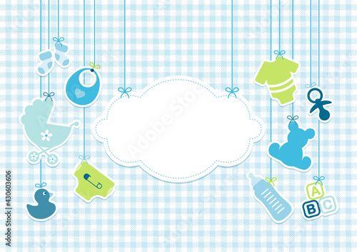 Hängende Babysymbole Junge Neben Wolke Blau Grün Karomuster