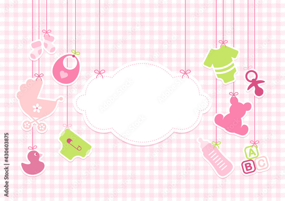Hängende Babysymbole Mädchen Neben Wolke Pink Grün Karomuster Hängende Babysymbole Mädchen Neben Wolke Pink Grün Karomuster