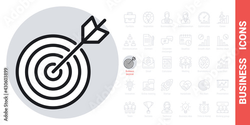 Business purpose, goal, target or aim icon. Target with an bow arrow. Simple black and white version from a series of business icons