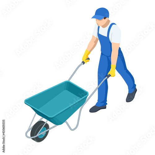 Agricultural work. Farming activity of farmer. Isometric farmer with a wheelbarrow. Organic farm products. Male working on harvesting season.