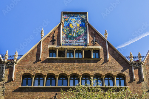 Canvas Print View of Casa de les Punxes (Casa Terradas) - building reminiscent of old medieval castle, with elements of different architectural trends, with six pointed towers