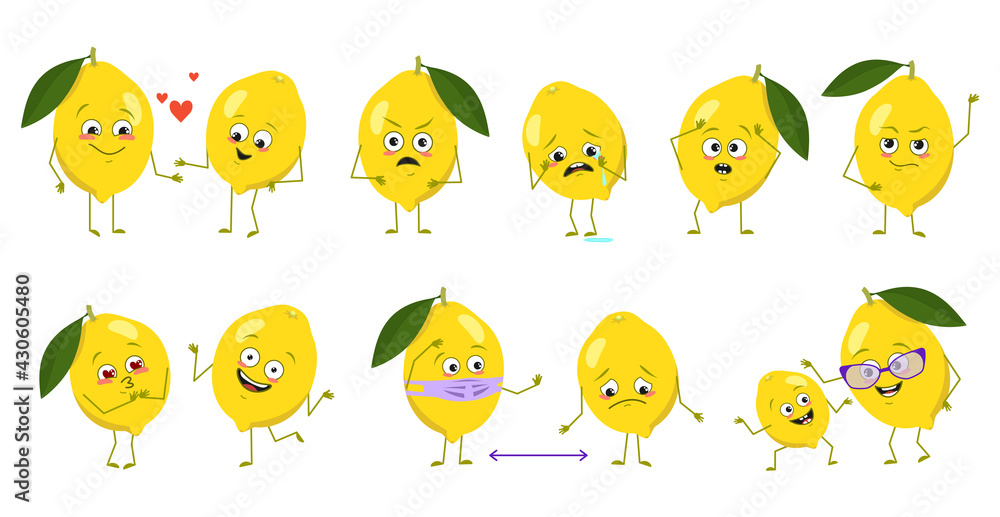Set of cute lemon characters with emotions, faces, arms and legs. Happy or sad heroes, citrus fruits play, fall in love, keep their distance with a mask, a smile or tears Set of cute lemon characters with emotions, faces, arms and legs. Happy or sad heroes, citrus fruits play, fall in love, keep their distance with a mask, a smile or tears