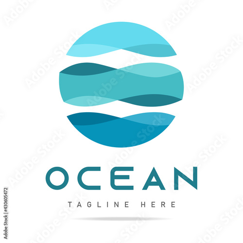 Abstract blue global logo sphere with wavy lines in circle sea waves,ocean,lake,river flow,water vector design template.Icon beach,symbol summer,badge hotel,pictogram tourism,sign voyage,cruise travel © IrkoValenko