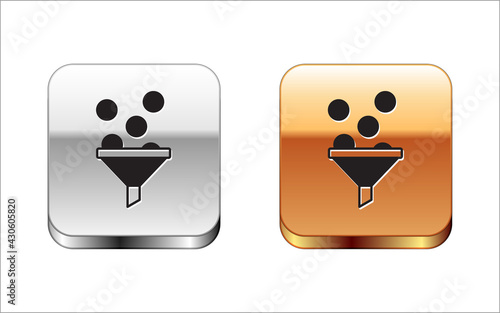 Black Lead management icon isolated on white background. Funnel with money. Target client business concept. Silver and gold square buttons. Vector