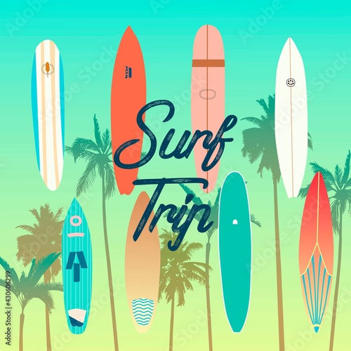 Vector image, eight bright surfboards