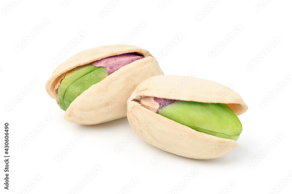 Close-up Pair of pistachio nuts isolated on a white background. Clipping path Close-up Pair of pistachio nuts isolated on a white background. Clipping path
