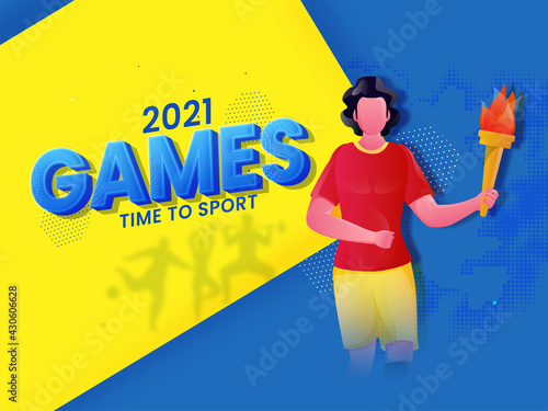 2021 Games Time To Sport Concept With Faceless Disabled Young Boy Holding Flaming Torch On Blue And Yellow Background.