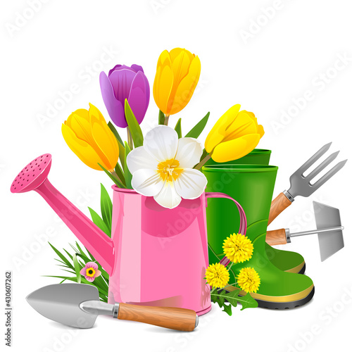 Vector Garden Concept with Pink Watering Can