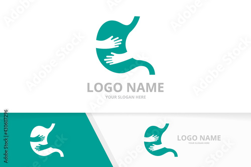 Vector stomach and hands logo combination. Unique gastrointestinal tract logotype design template.
