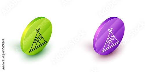 Isometric line Traditional indian teepee or wigwam icon isolated on white background. Indian tent. Green and purple circle buttons. Vector