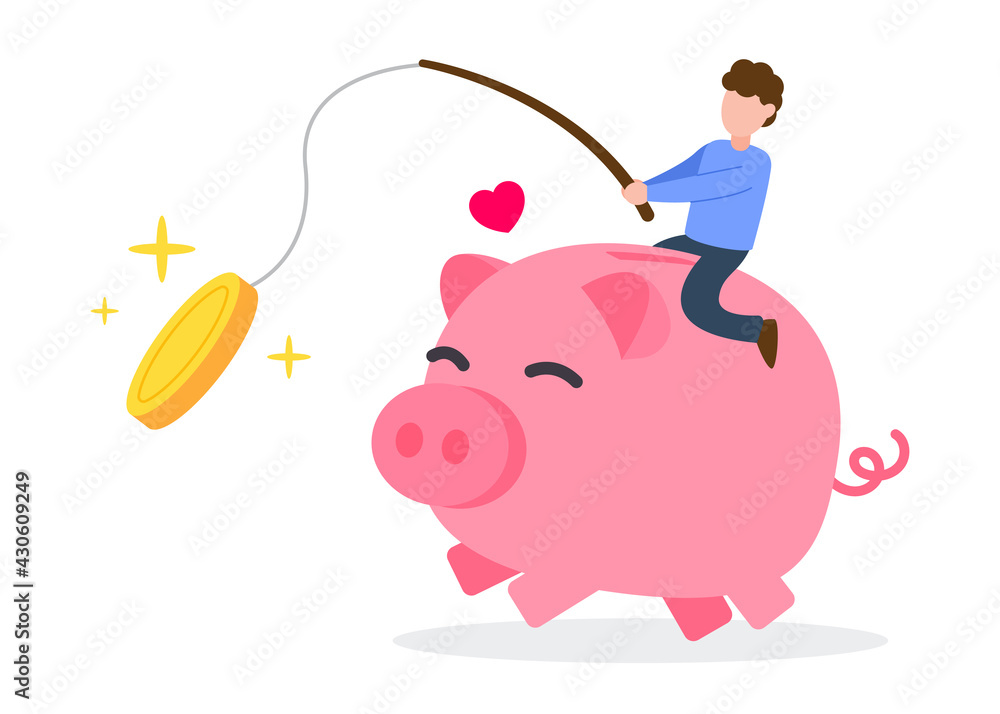 Man ride on a big pink piggy bank and hold a fishing rod with a golden