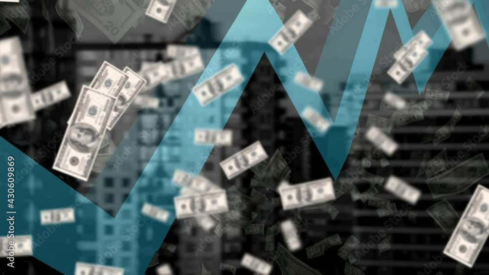 Blue graph moving and american dollars falling against tall buildings in background Blue graph moving and american dollars falling against tall buildings in background