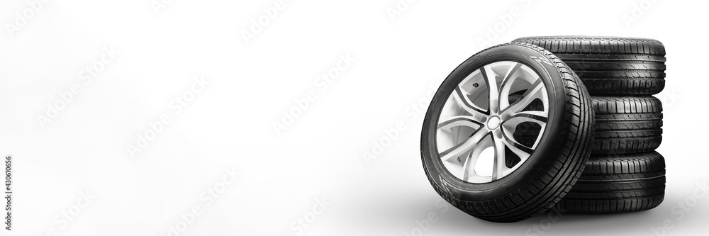 summer tires and wheels-stack on white background, new wheels long blank layout copyspace