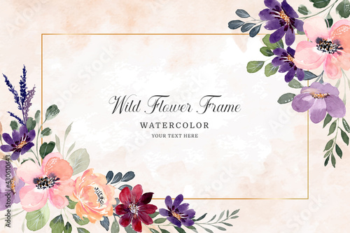 Watercolor flower frame. Colorful wildflowers background