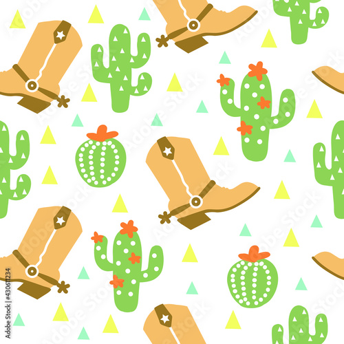 Cowboy Seamless pattern with rodeo elements. Wild West cowboy boots and horseshoe and cowboy lasso. Vector baby style tender color background