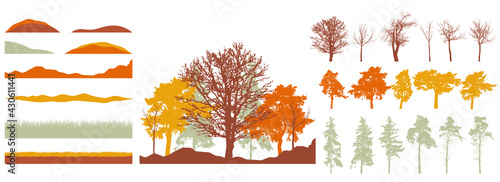 Creation of autumn beautiful park, forest, landscape, woodland, collection of design element. Constructor kit. Silhouettes of bare trees, spruce, pines and etc., grass, hill. Vector illustration.