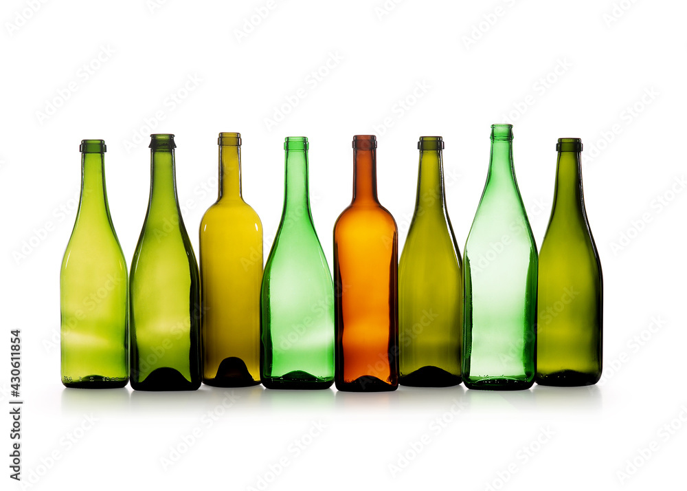 row of empty wine bottles isolated on white background row of empty wine bottles isolated on white background