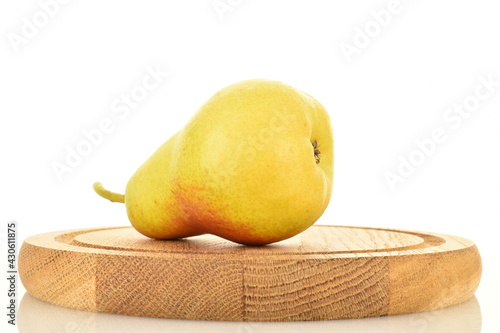 One organic ripe, yellow pear on a wooden tray, close-up, isolated on white.