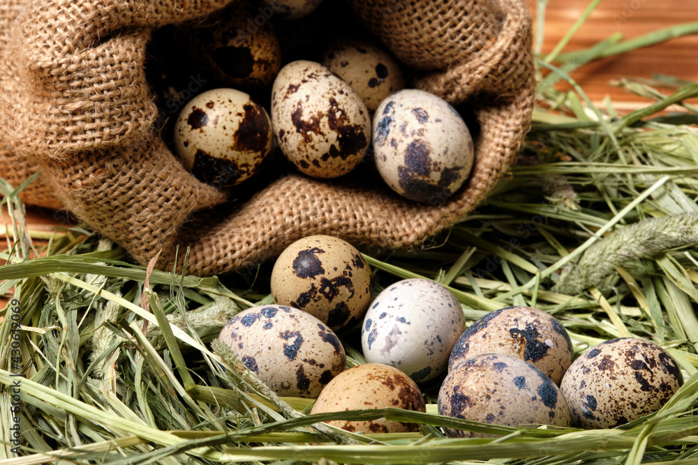 Obraz premium A bag with quail eggs on a hay and a wooden background.