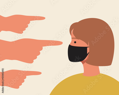 Woman in face mask, covid protection, flat vector stock illustration with public condemnation or public opinion during covid pandemic