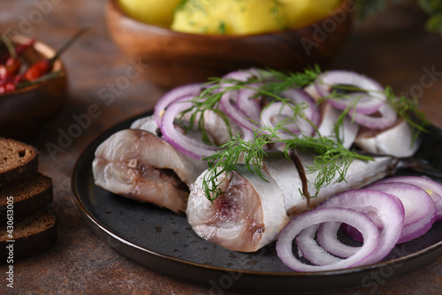 Delicious mackerel with potatoes .Russian cuisine.