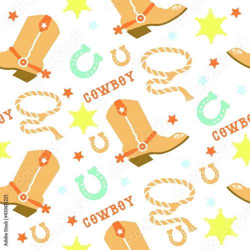 Cowboy Seamless pattern with rodeo elements. Wild West cowboy boots and horseshoe and cowboy lasso. Vector baby style tender color background