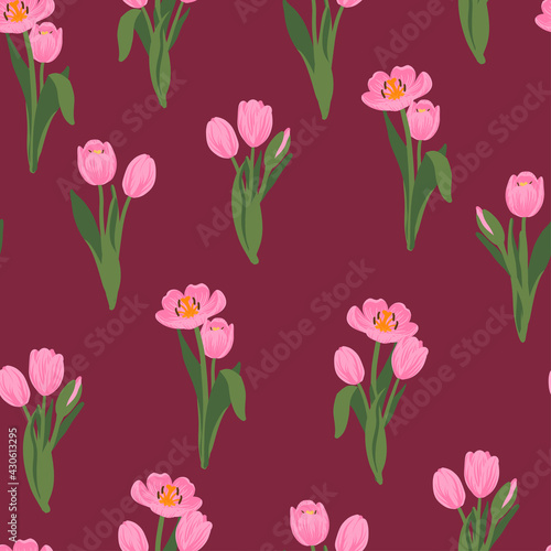 Seamless floral pattern red  yellow  purple  pink tulips and green leaves. Spring flowers background for wrapping  textile  wallpaper  scrapbook  Easter  Happy Mothers  Womens Day. Flat cartoon design