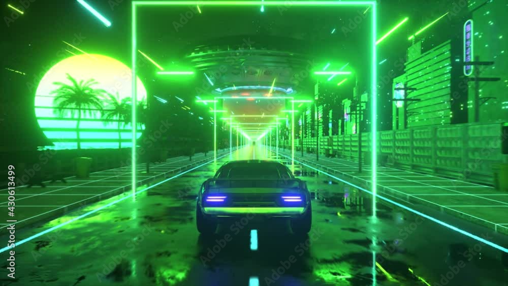 Car and city in neon cyberpunk style. 80s retrowave background 3d ...