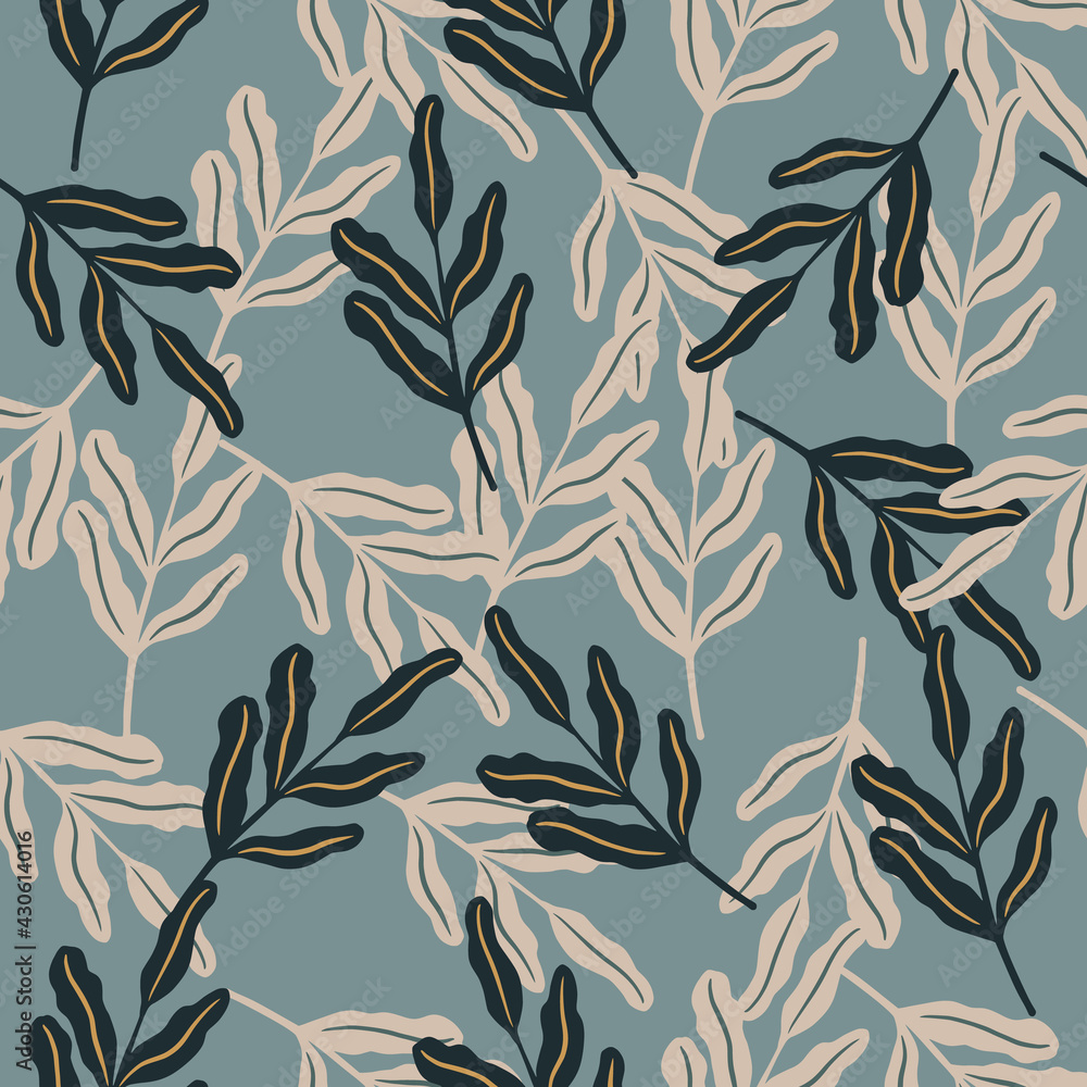 Abstract forast seamless tropic pattern with doodle foliage leaves elements. Blue background. Simple style. Abstract forast seamless tropic pattern with doodle foliage leaves elements. Blue background. Simple style.
