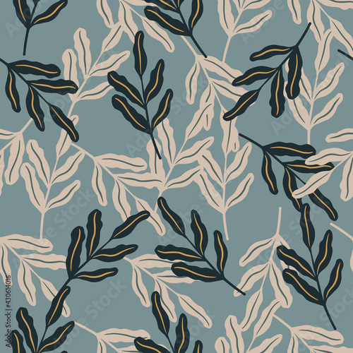 Abstract forast seamless tropic pattern with doodle foliage leaves elements. Blue background. Simple style. photo