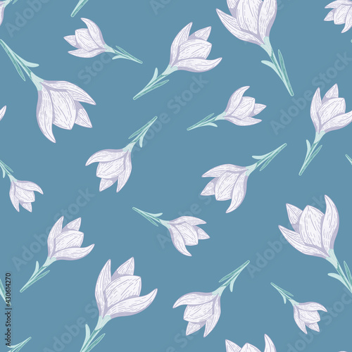 Random seamless pattern with simple light crocus flower elements. Turquoise background. Nature artwork.