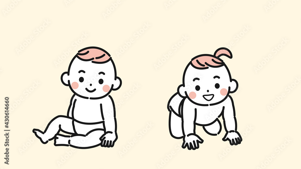 赤ちゃん　男の子と女の子　お座り　ハイハイ　双子　イラスト素材