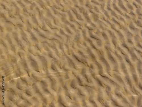 Background of river sand through a layer of river water on the banks of the Irtysh River