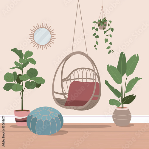 Rattan swing chair with plants. Cozy home interior.  Vector flat cartoon illustration