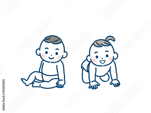 赤ちゃん　男の子と女の子　お座り　ハイハイ　双子　イラスト素材