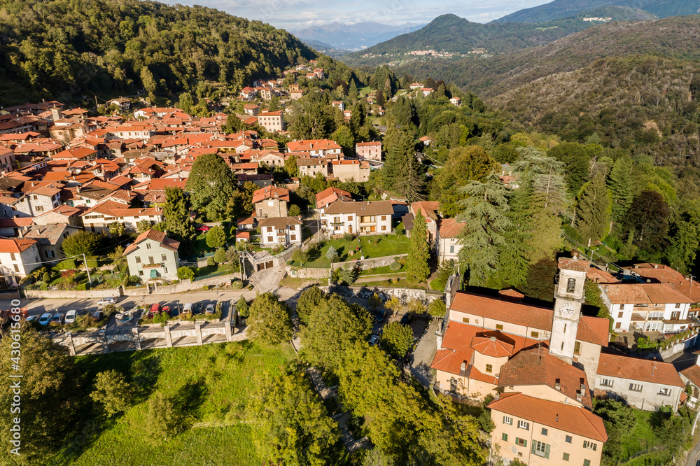 Aerial view of little Italian ancient village Castello Cabiaglio, situated in province of Varese, Lombardy, Italy