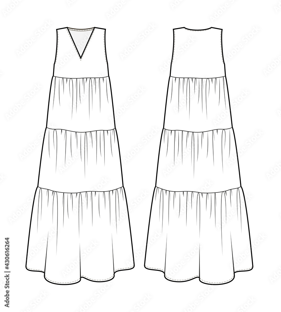 Fashion technical drawing sleeveless tiered dress. Stock Vector | Adobe ...