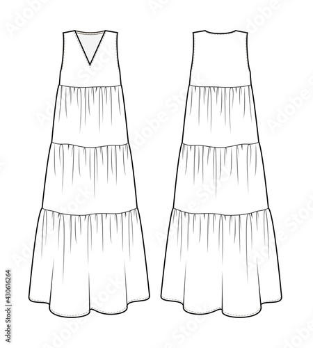 Fashion technical drawing sleeveless tiered dress.